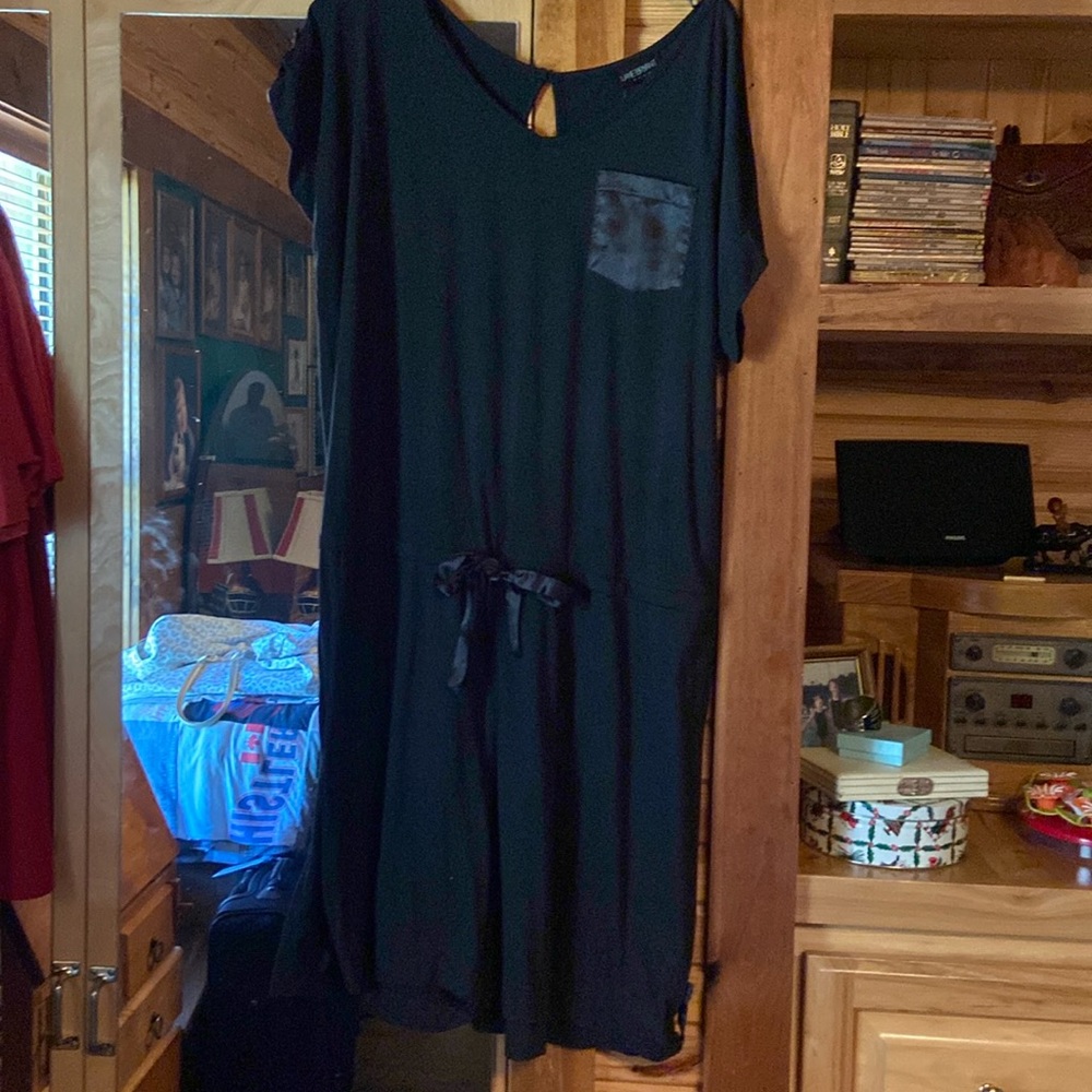 Black shirt romper, 18/20 W, Lane Bryant, elastic waist w/satin tie, EUC